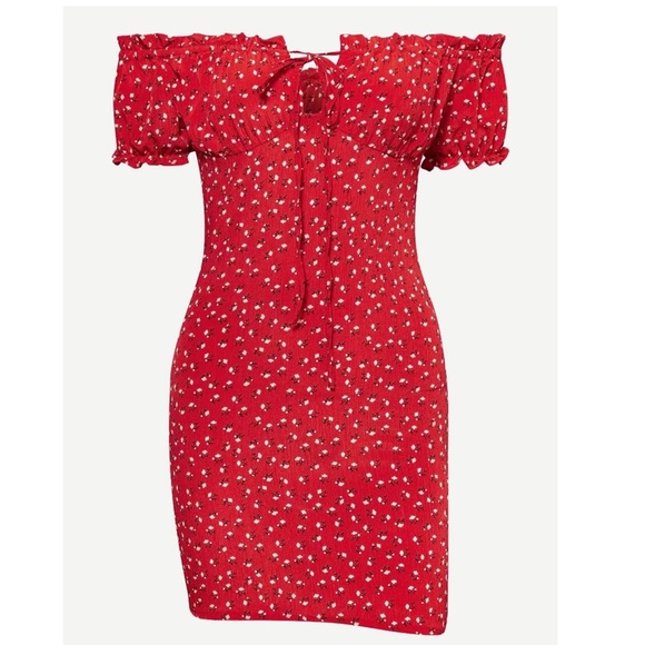 Red smocked exposed shoulder tie front fitted tight body con summer dress - Picture 2 of 5